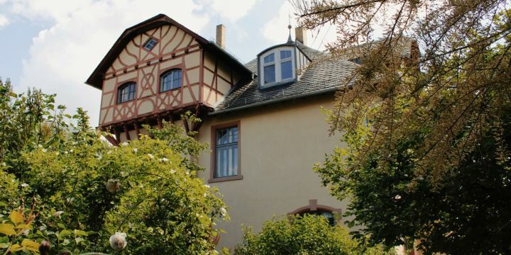 Blick auf die Villa Rosenthal mit Rosen und Strauch im Vordergrund 